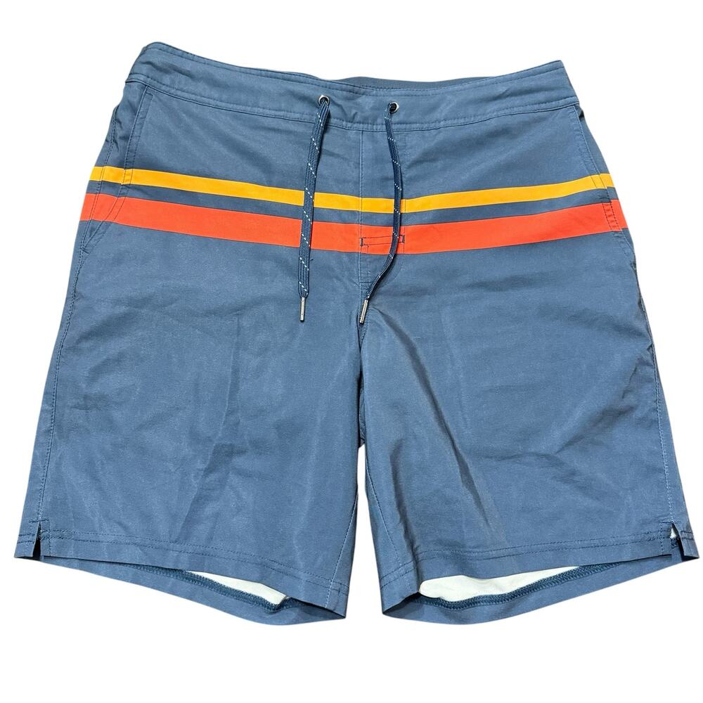 Fair Harbor Men's swim suit, navy w red/orange stripes, built-in biker shorts, M